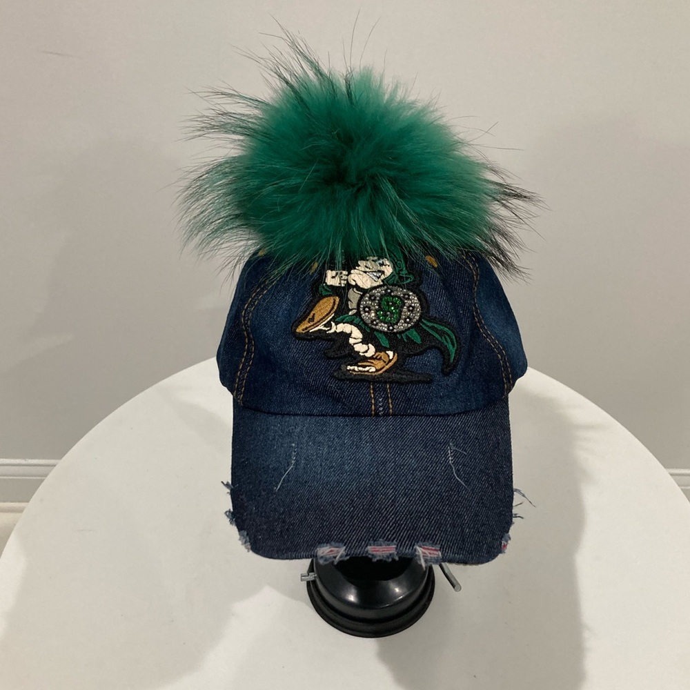 NEW Distressed Blue Denim Michigan State Spartans Green Faux Fur Pom Crystals